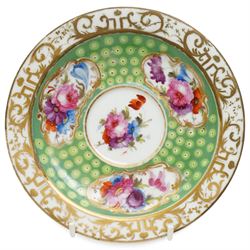  19th century Coalport Felt Spar porcelain cup and saucer painted with panels of flowers on a green and gilt ground and marked I Rose & Co and an early 19th century Worcester trio decorated in blue and gilt, Pattern No.274 