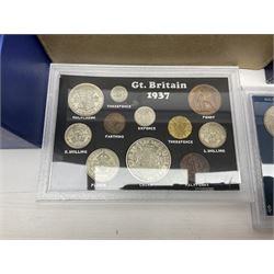 Great British and World coins, mostly pre-decimal and pre-Euro, to include three 1951 Festival of Britain crowns, two of which in maroon cases, quantity of half crowns, sixpence, three pence and penny coins, in one box 