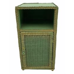 Painted wicker linen bin, lamp cabinet, chair and stool