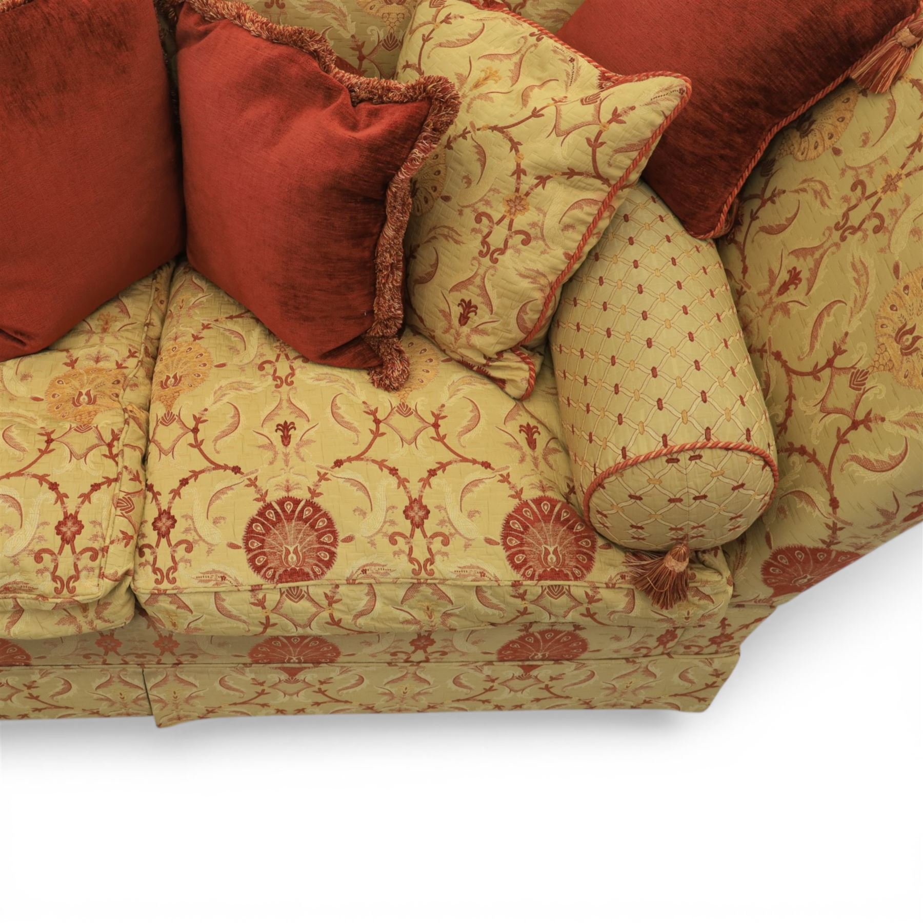 David Grundy - Medium Knoll style drop-arm settee in patterned fabric with eight associated scatter and bolster cushions