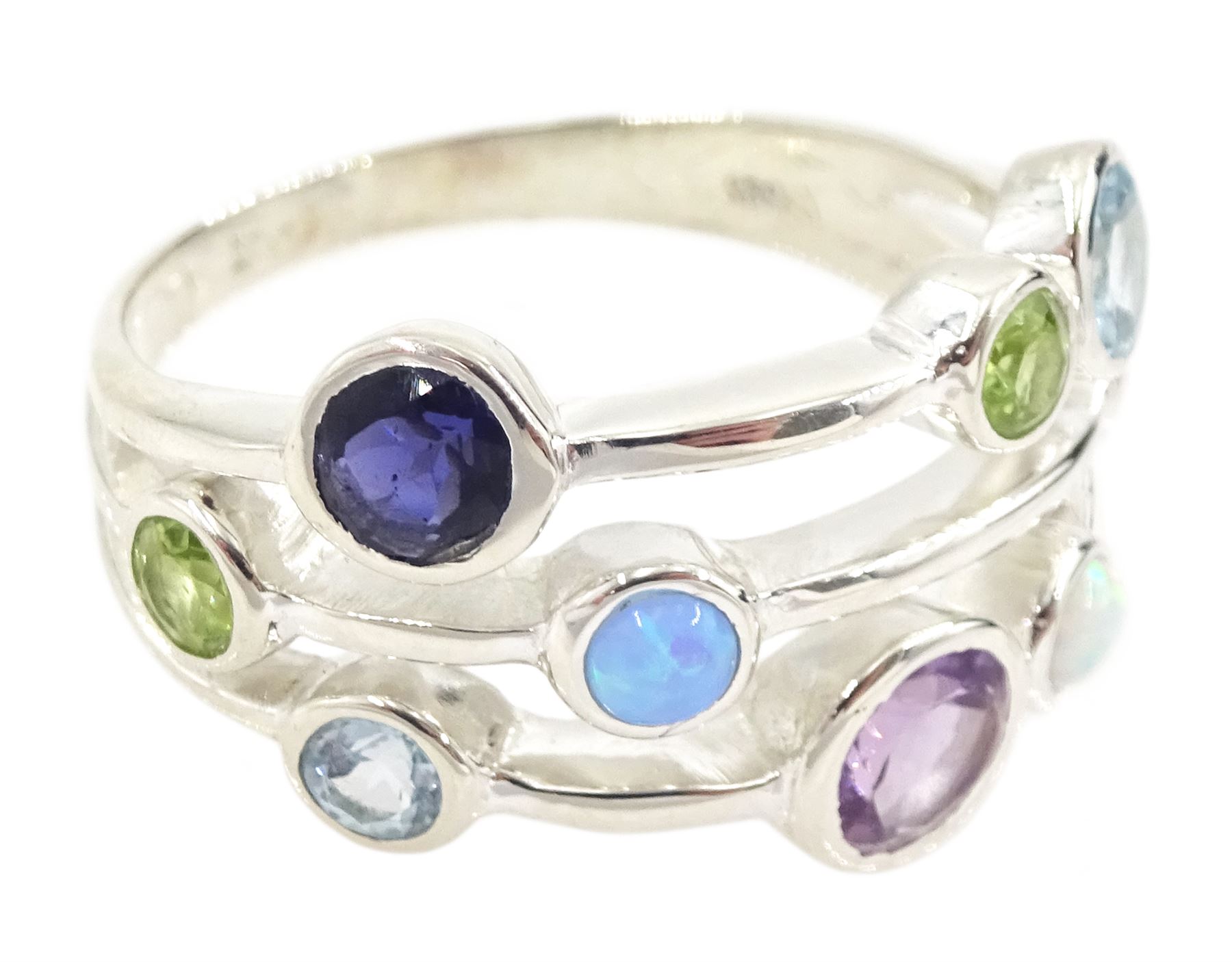 Silver opal, amethyst, iolite, topaz and peridot set ring, stamped 925 