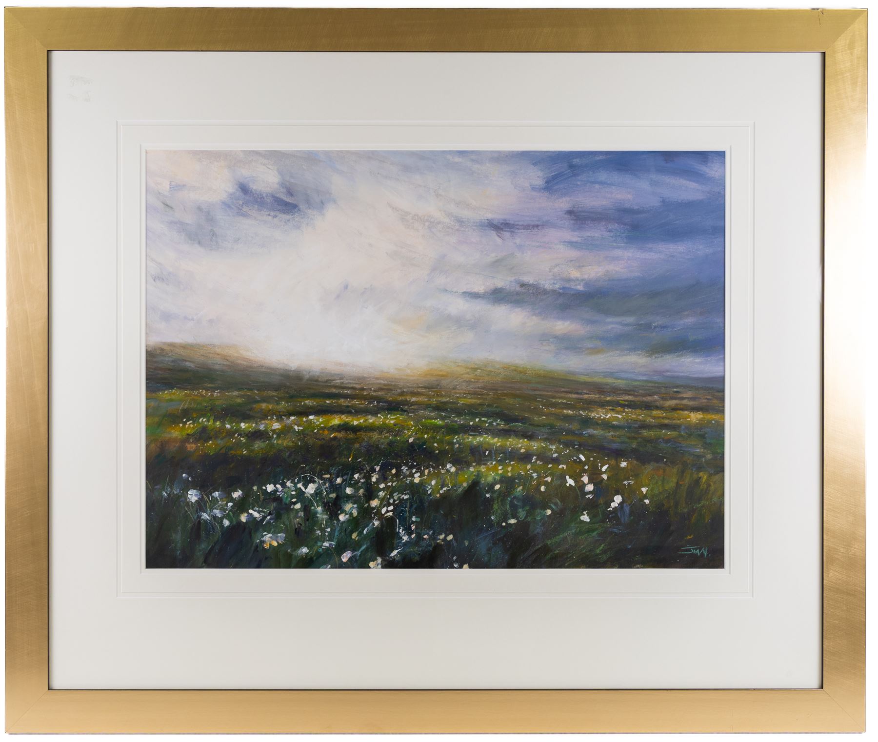 Jim Miller Wright (Scottish 1954-): 'Cotton Grass on Farndale Moor' North York Moors, oil signed with monogram, titled verso 51cm x 72cm 