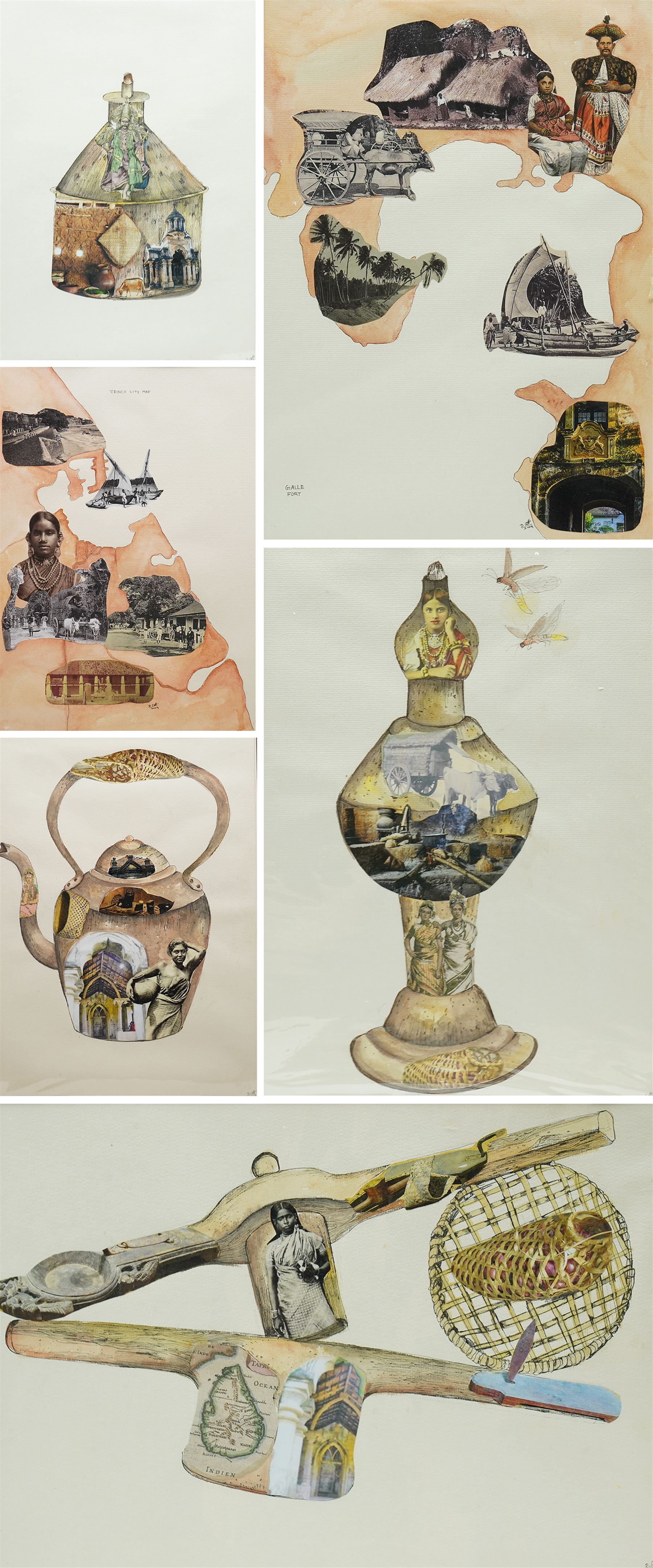 Catharina Anton Danial (Sri Lankan 1991-): 'Trinco City Map'; Mudhouse; Kettle; 'Galle Fort'; Lamp, set six watercolour and mixed media collages from 'Nostalgia' series, signed and dated 2023-2024, max 39cm x 28cm (6)
Notes: Catharina Danial is a Sri Lankan artist working with watercolour, thread, and collage to explore memory, place, and environmental change. A graduate of the University of Jaffna (BFA, 2016), she has exhibited with ARTRA Magazine, Colomboscope, and Saskia Fernando Gallery. Trinco City Map forms part of her ongoing exploration of coastal regions in Sri Lanka, drawing from field research, personal narrative, and ecological observation—particularly the impact of the economic crisis on marine life and coral ecosystems.