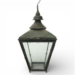 Victorian verdigris copper street lantern, now converted, of typical tapering form with four glazed panes, H84.5cm W43cm