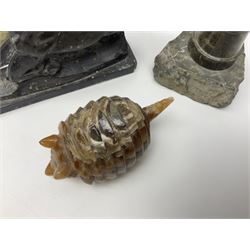 Cornish carved serpentine model of a lighthouse, together with a Chinese soapstone figure of a horse, another carved horse figure and a carved hardstone armadillo