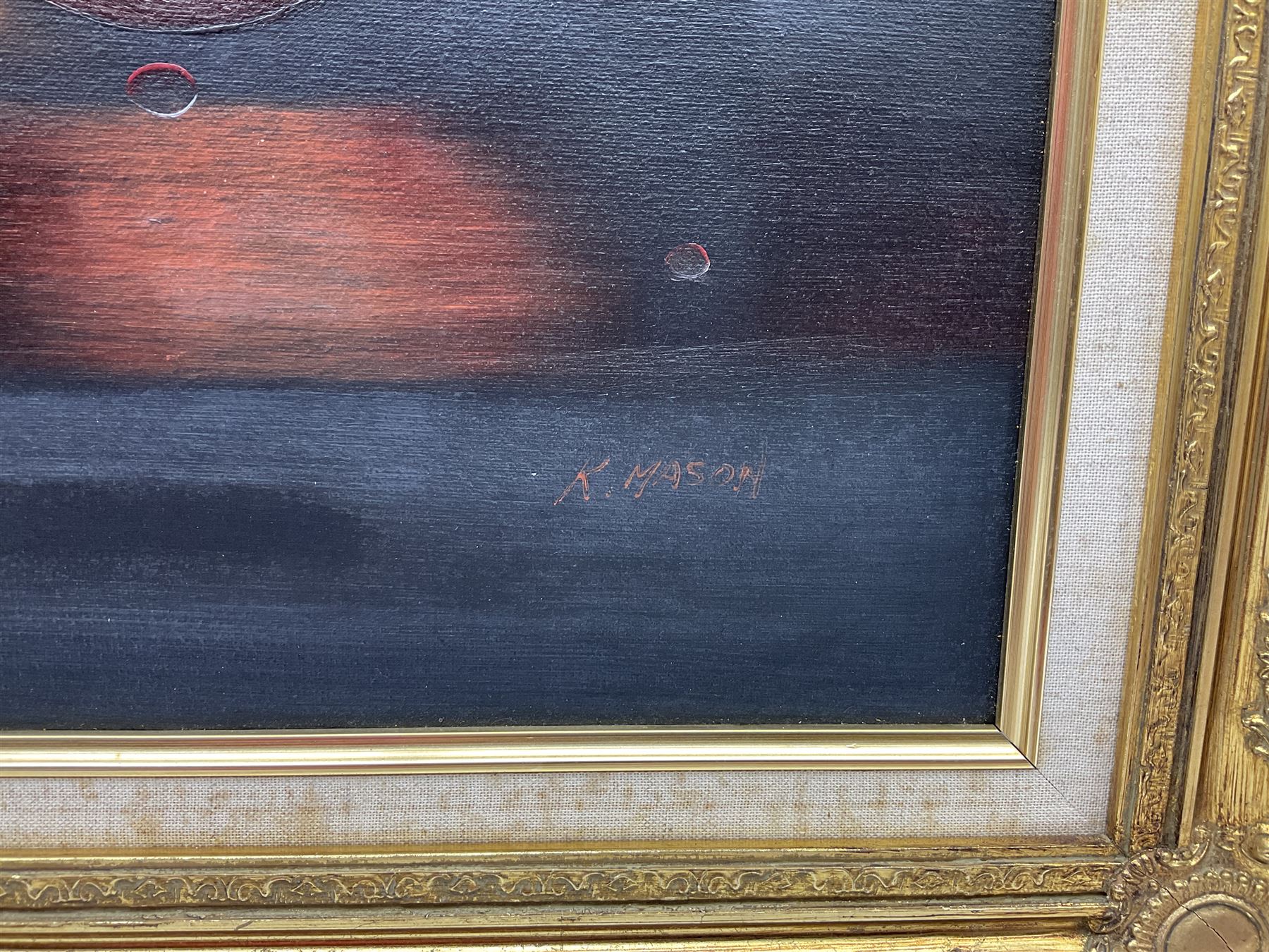 K Mason (20th century): Still Life of Three Apples, oil on canvas signed 50cm x 60cm 