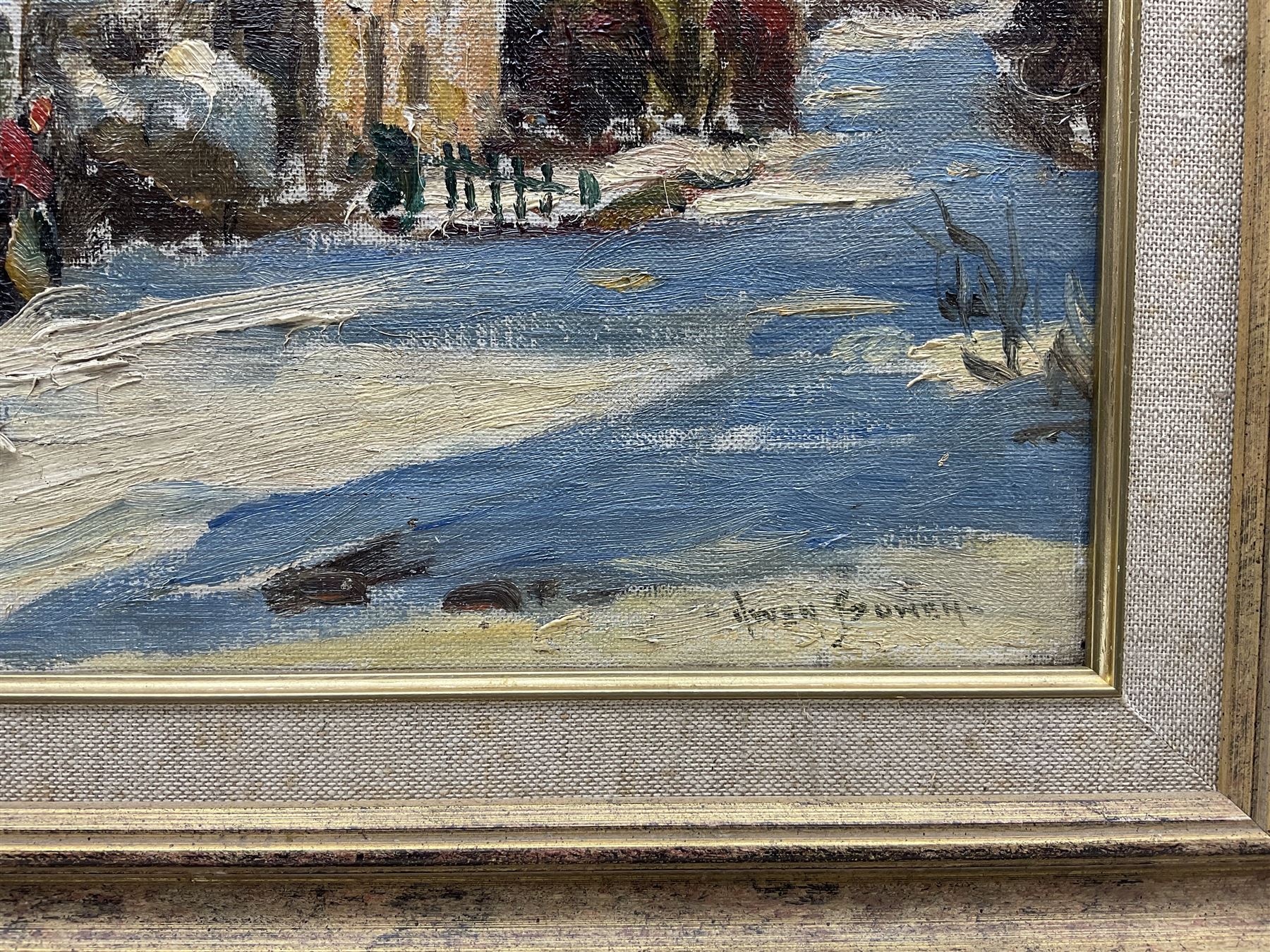 Owen Bowen (Staithes Group 1873-1967): Yorkshire Dales Cottages in the Winter Sunshine, oil on canvas signed 35cm x 30cm