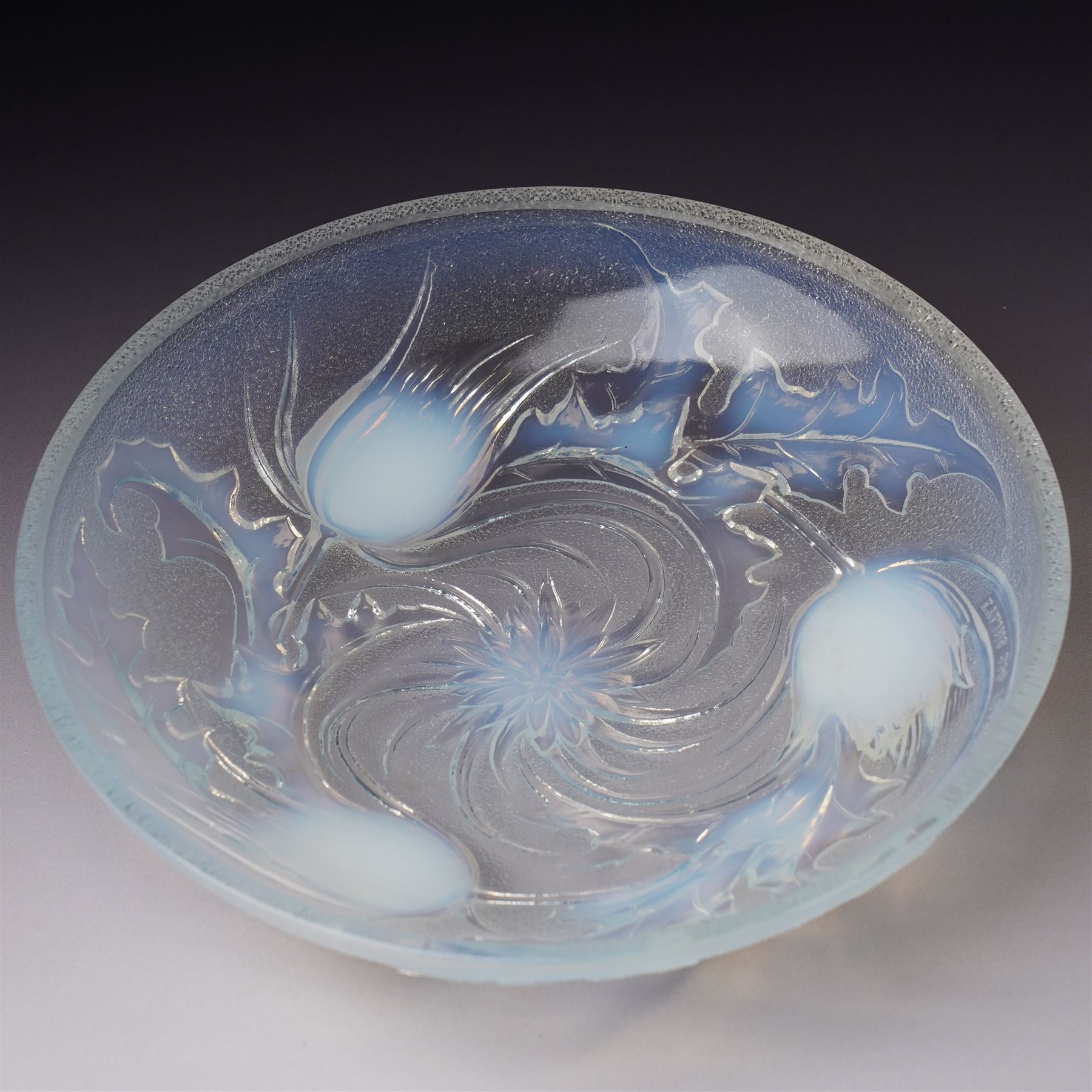 Etling opalescent glass bowl, with moulded thistles, marked 'Etling 214 France' to base, W23cm