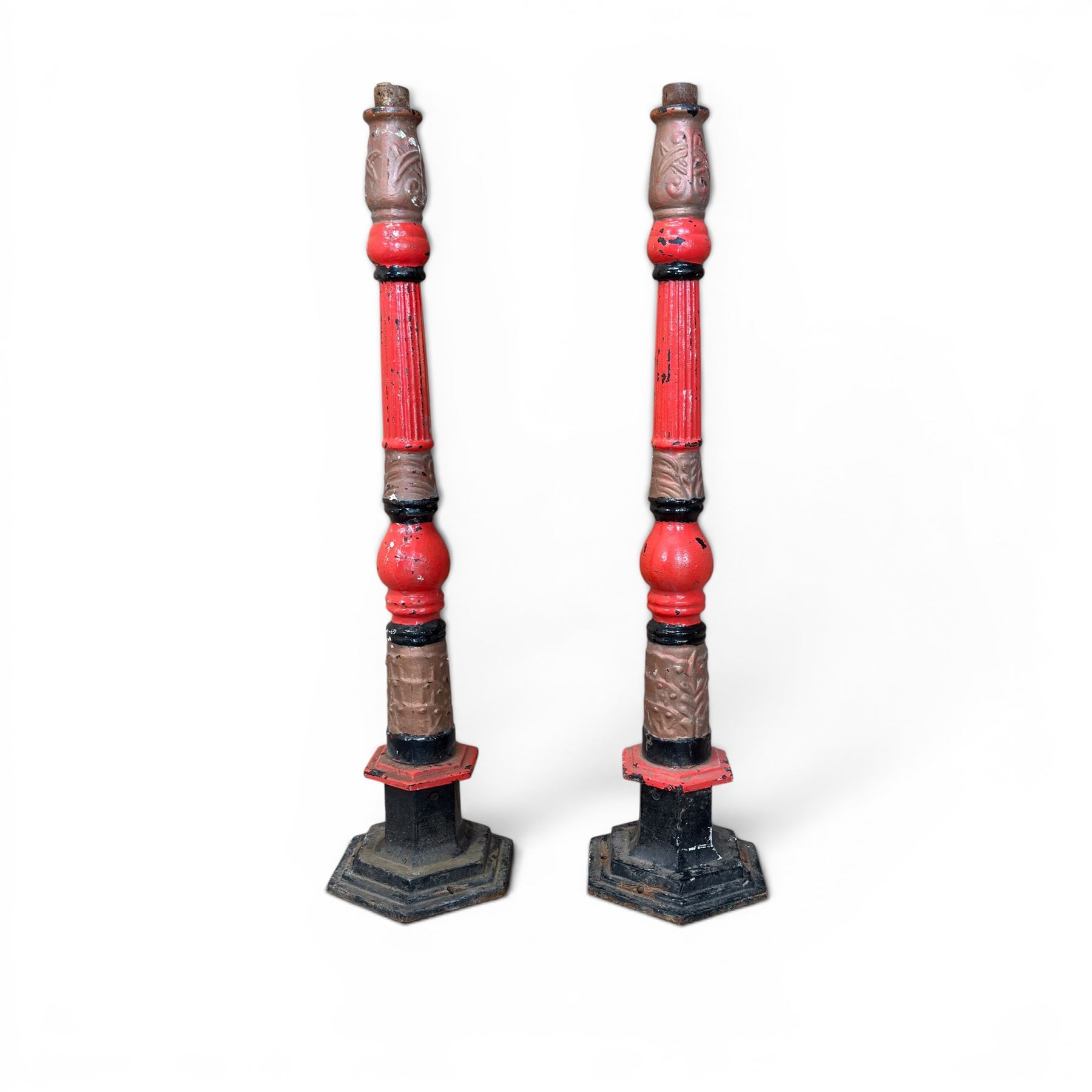 Pair of Victorian revival cast iron driveway lamp columns, painted in red, green and black