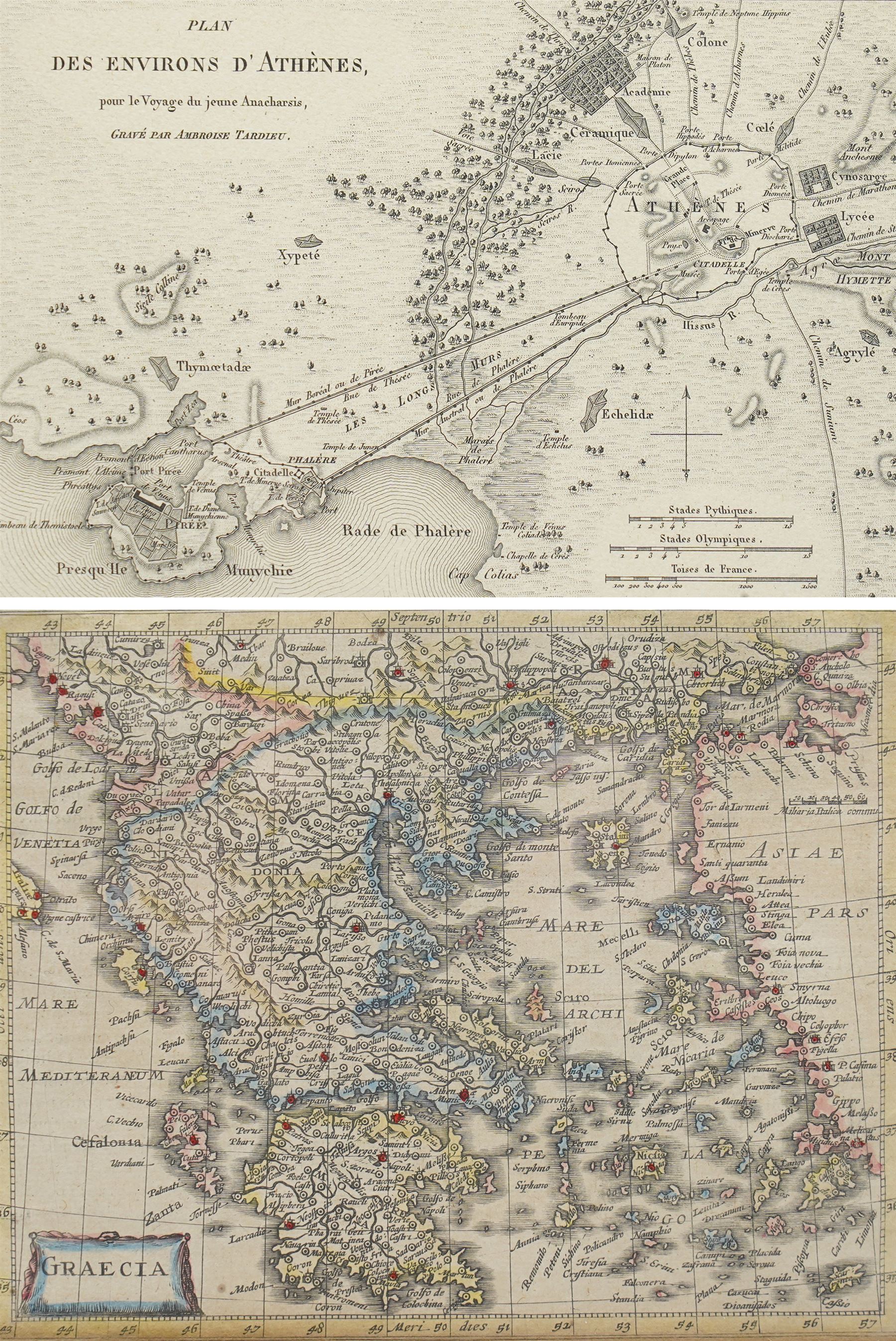 Pieter van den Keere (Flemish 1571-1646): 'Graecia', 17th century engraved map with hand-colouring of Greece and the Aegean Sea pub. Bertius' 'Tabularum Geographicarum Contractarum', 16cm x 20cm; Jean Denis Barbie du Bocage (French 1760-1825): 'Plan des Environs d'Athenes Pour le Voyage du Jeune Anacharsis', 18th century engraved map of Athens and the surrounding area 18cm x 23cm (2)