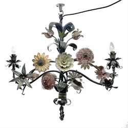 Late 20th century Toleware style naturalistic painted metal two branch chandelier, decorated with trailing branches and flower heads, H80cm, W86cm