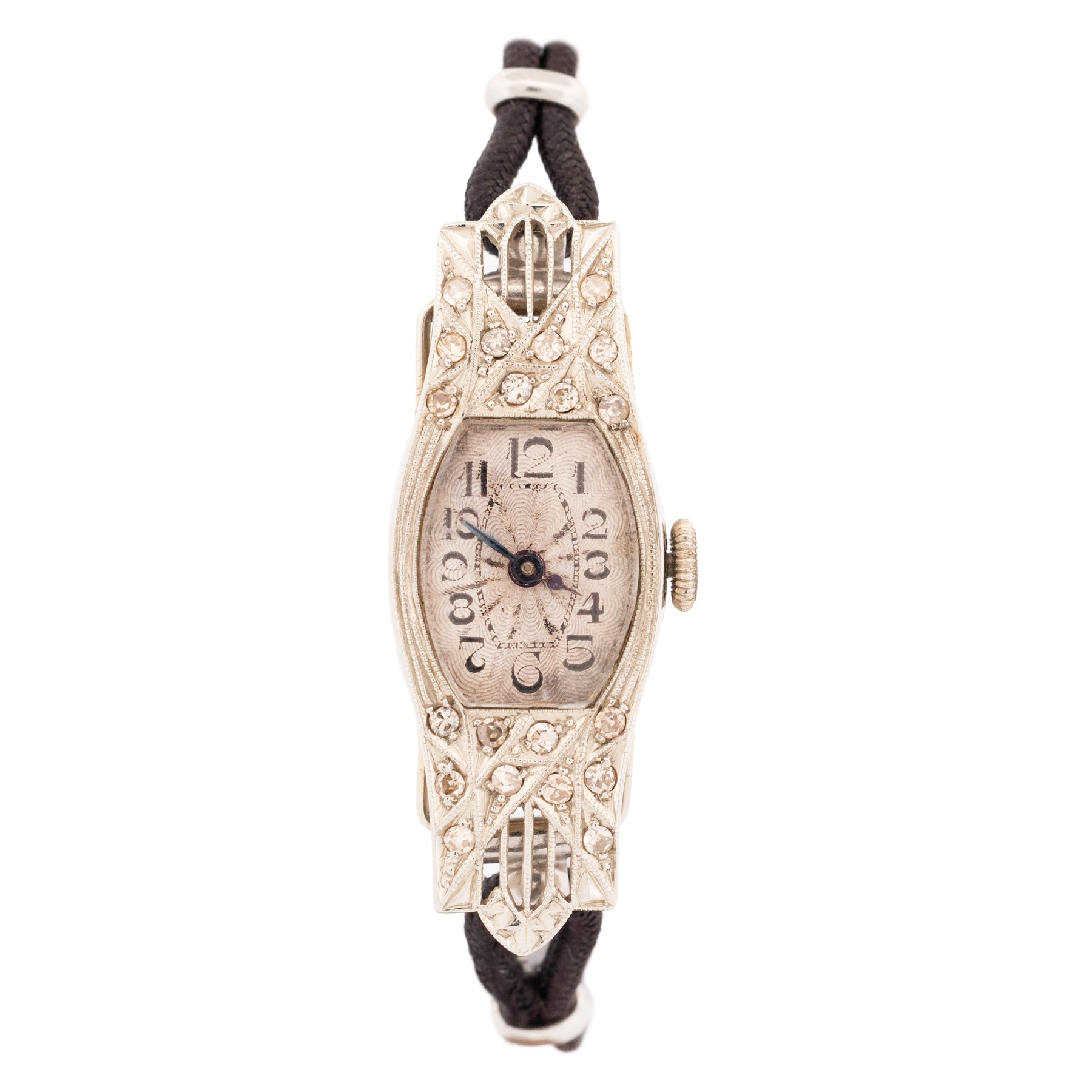 Art Deco 18ct white gold diamond ladies manual wind wind wristwatch, silvered engine turned dial with Arabic hour markers, the pierced design case milgrain set with single cut diamonds, Glasgow import mark 1928, on black cord strap, with stainless steel clasp