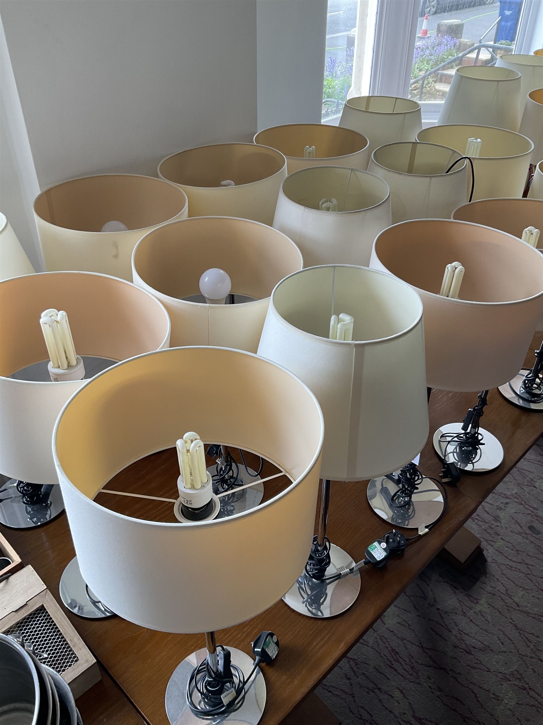 Set of fifteen chrome table lamps with various shades (15)- LOT SUBJECT TO VAT ON THE HAMMER PRICE - To be collected by appointment from The Ambassador Hotel, 36-38 Esplanade, Scarborough YO11 2AY. ALL GOODS MUST BE REMOVED BY WEDNESDAY 15TH JUNE.