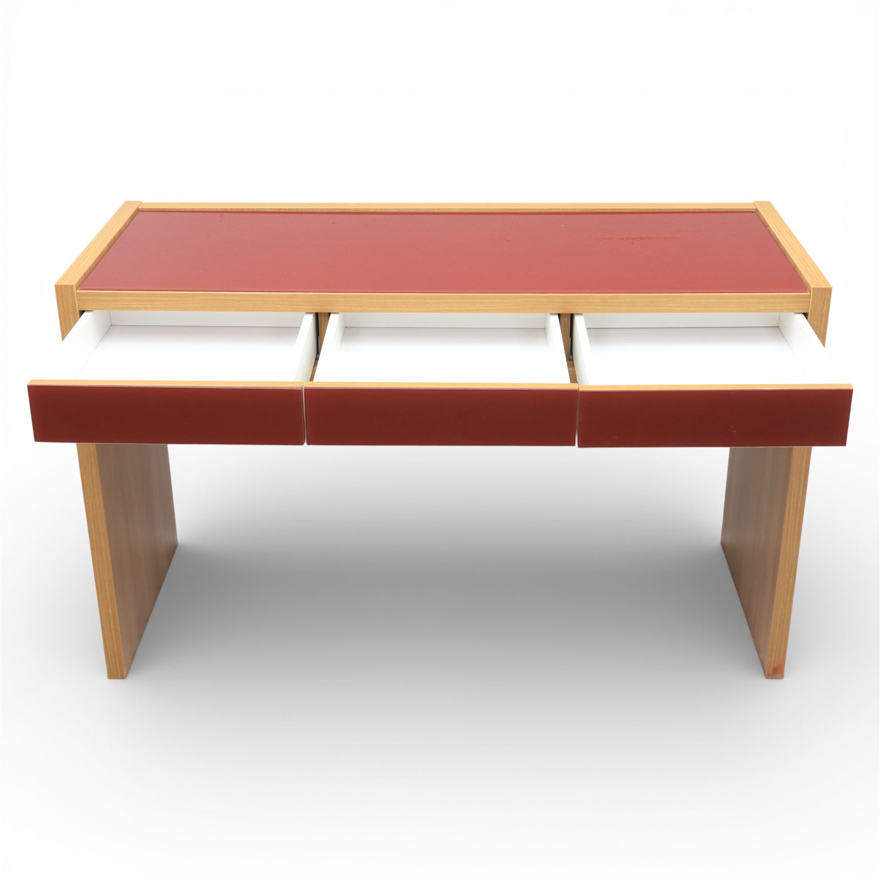 Sliderobes - modern dressing table and two bedside cabinets, red glass panels to top and drawer fronts, drawers with push to open mechanism, with veneered oak frames (Bedside tables H 56cm, D 50cm, W 40cm; Dressing table: H 83cm, D 50cm, W 135cm)