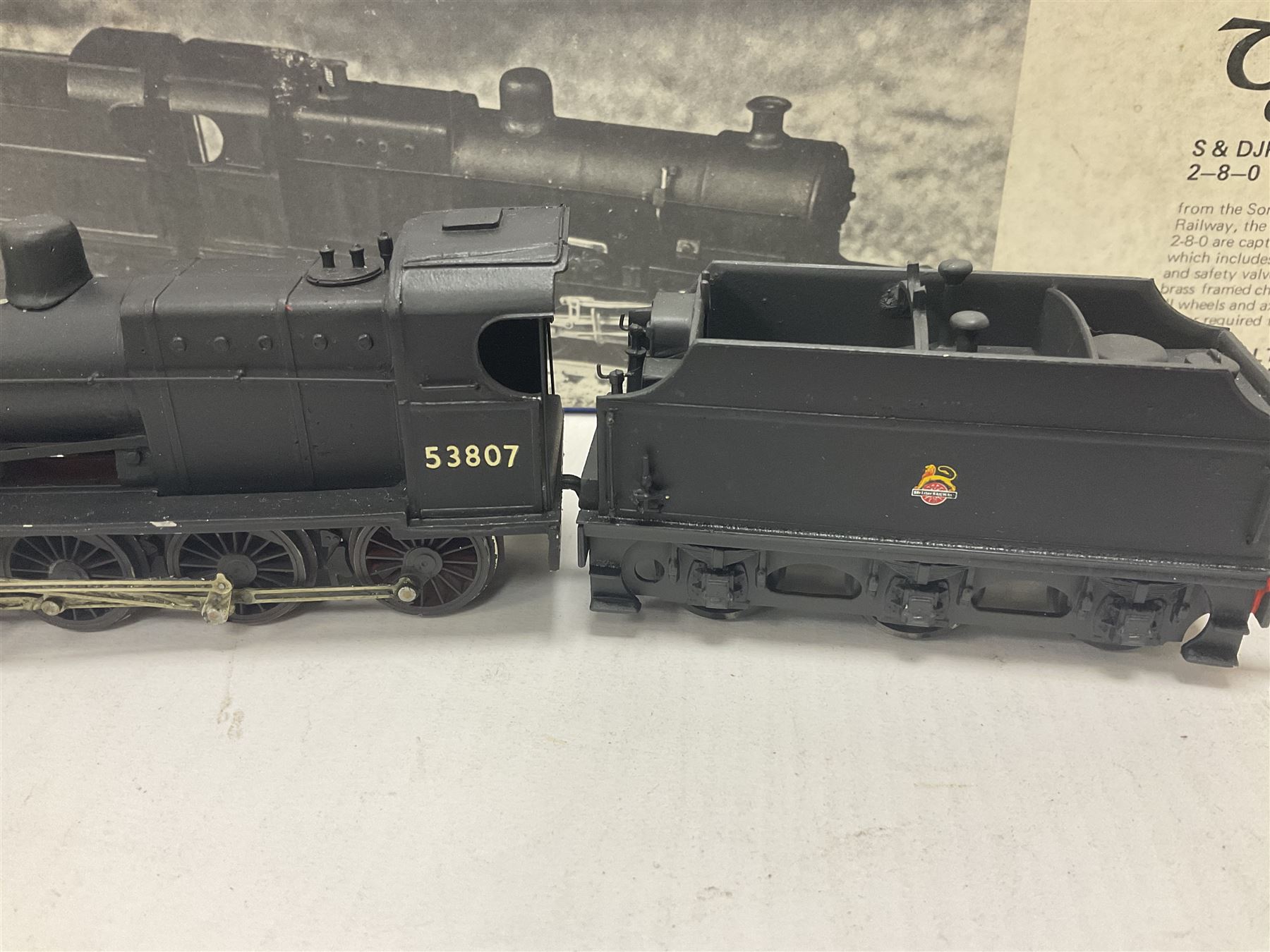 ‘00’ gauge - kit built S&DJR/LMS/BR 2-8-0 no.53807 steam locomotive and tender, finished in BR black with DJH Models box; with further kit built Standard Class 9F 2-10-0 steam locomotive and tender no.92026 finished in BR black (2) 