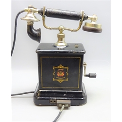  Vintage Danish telephone, black metal case with gilt detail marked JYDSK, Telefon Aktieselskab, chromed crank handle with black and chromed handset, H32cm   