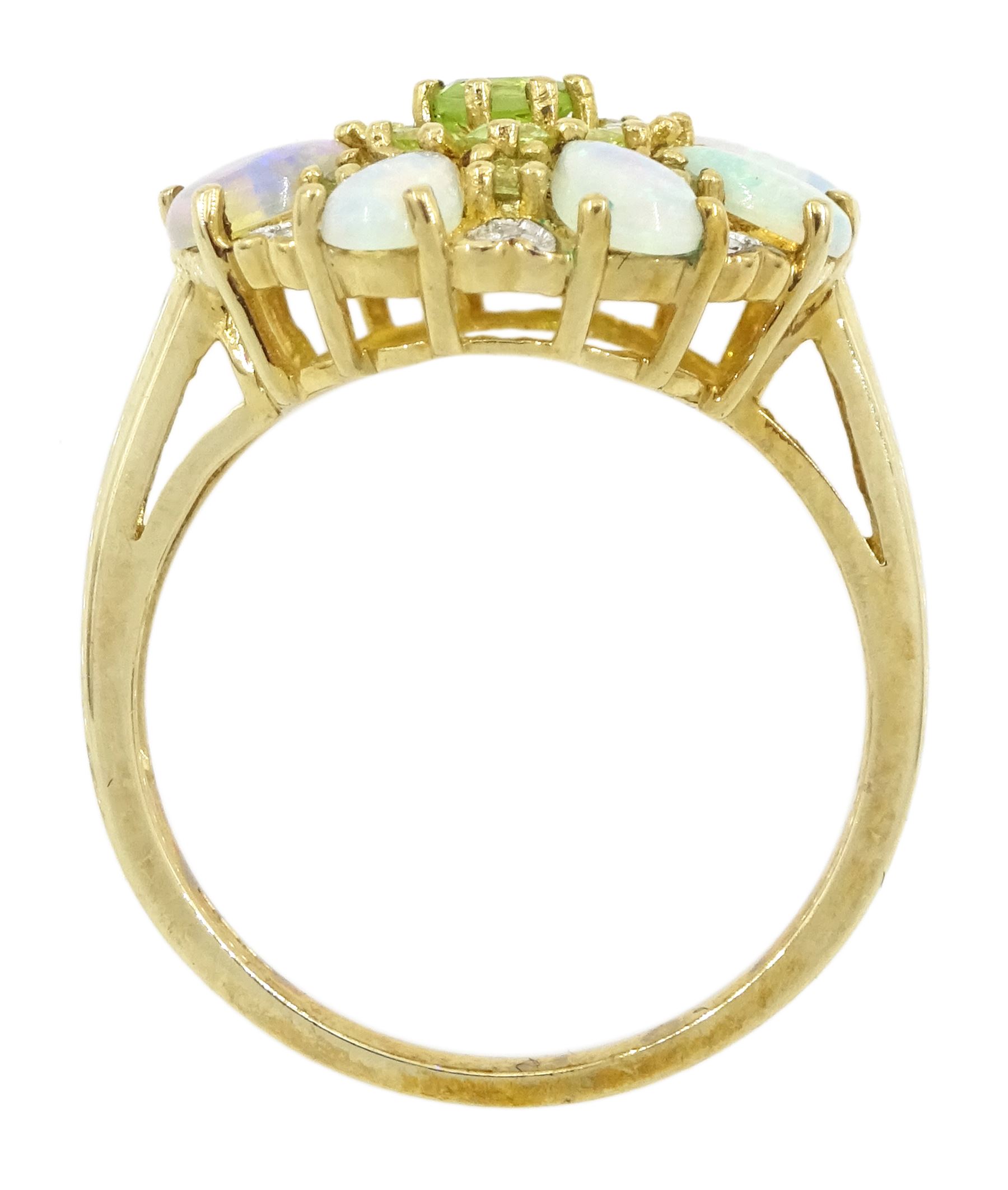 9ct gold pear cut opal and round cut peridot cluster ring, hallmarked