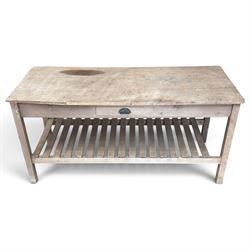 Large 19th century painted pitch pine scullery table, rectangular triple plank top fitted with single drawer, raised on square supports united by slatted under-tier