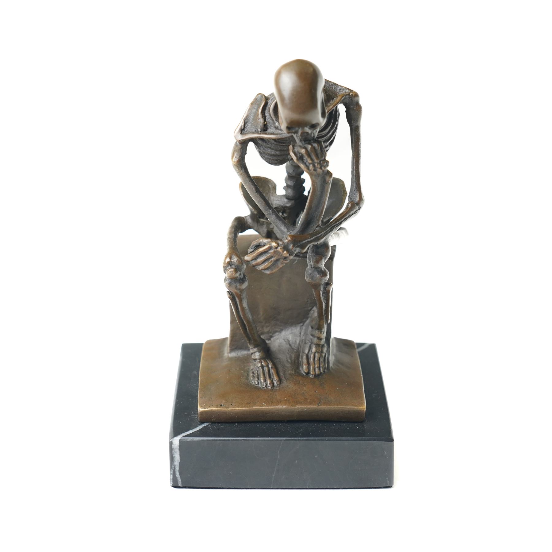 Bronze skeleton modelled as 'The Thinker', on black marble base, signed 'Milo' to plinth, H14cm
