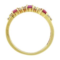 18ct gold three stone round cut ruby and round brilliant cut diamond ring, London 1991