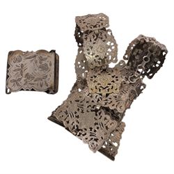 Three silver Charles Horner hat pins, hallmarked, together with Halcyon Days enamel box, silver collared scent bottle, hallmarked, further hat pins, and silver plated belt and buckle