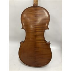 Four violins 1/8th size; half size with Nicolas Bertholini label; three-quarter size with Stradivarius copy label; and full size with Marquis De L'Air label (4)