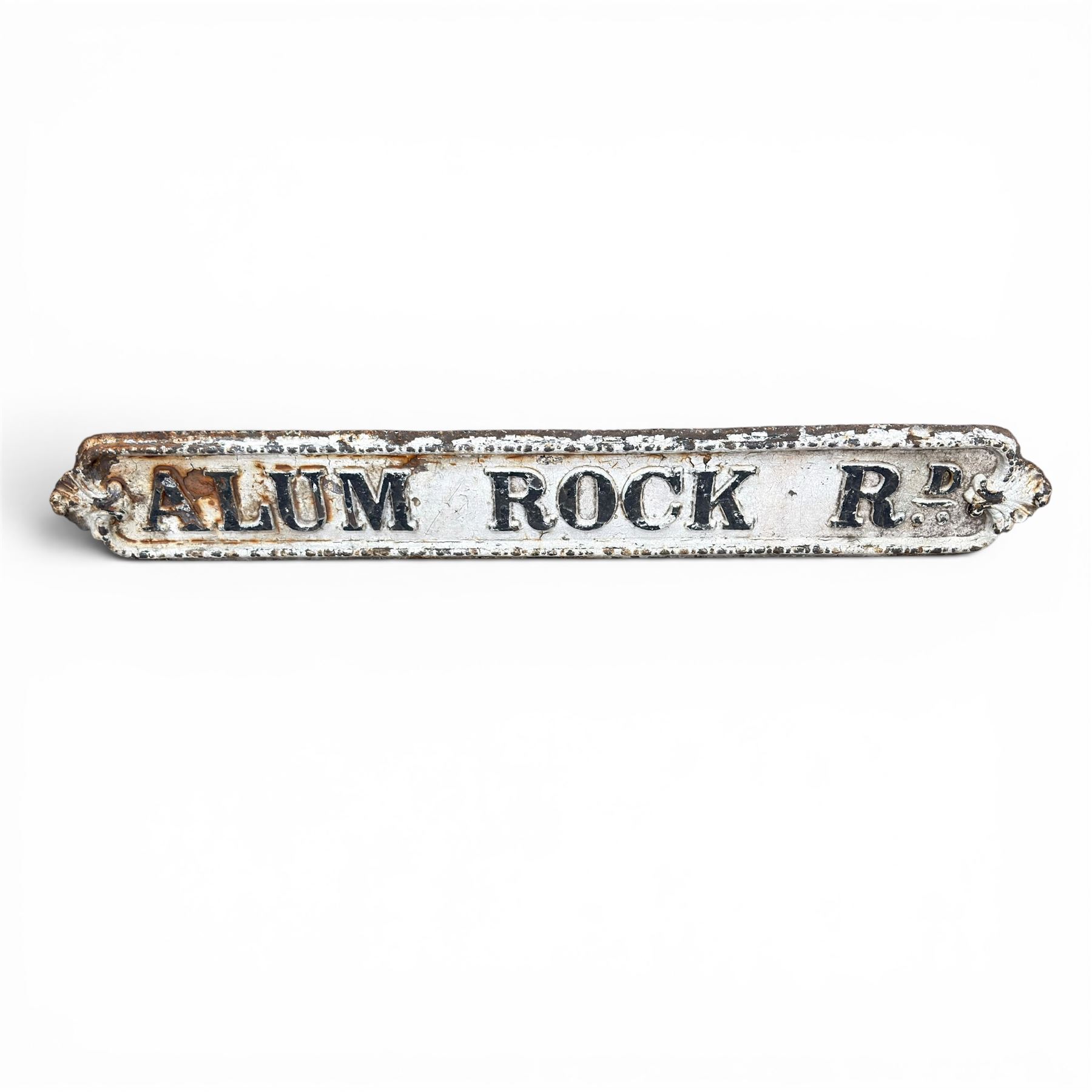 'Alum Rock Rd' - Victorian cast iron street sign, onate design, oval ends with shell motifs