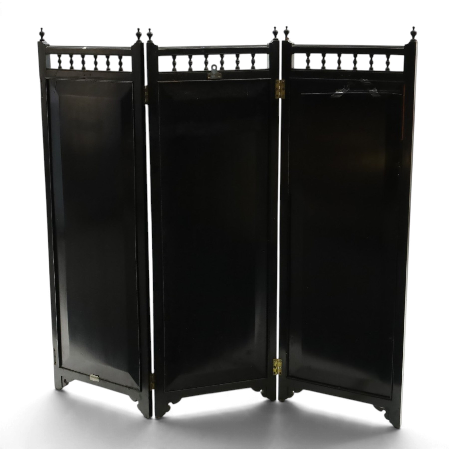 Late Victorian Aesthetic Movement ebonised and painted three-panel folding mirror screen, spindle gallery cresting rail over three rectangular mirror plates painted with floral pond scenes with lily-pads, swallows and kingfishers, each panel W37cm H110cm)