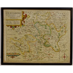  'Hertfordiae', 16th/17th century map hand coloured engraved by William Kip after Johannes Norden 30cm x 37cm  