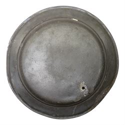 17th/18th century pewter dish, probably continental, engraved with hunting scenes, stags head etc D46cm