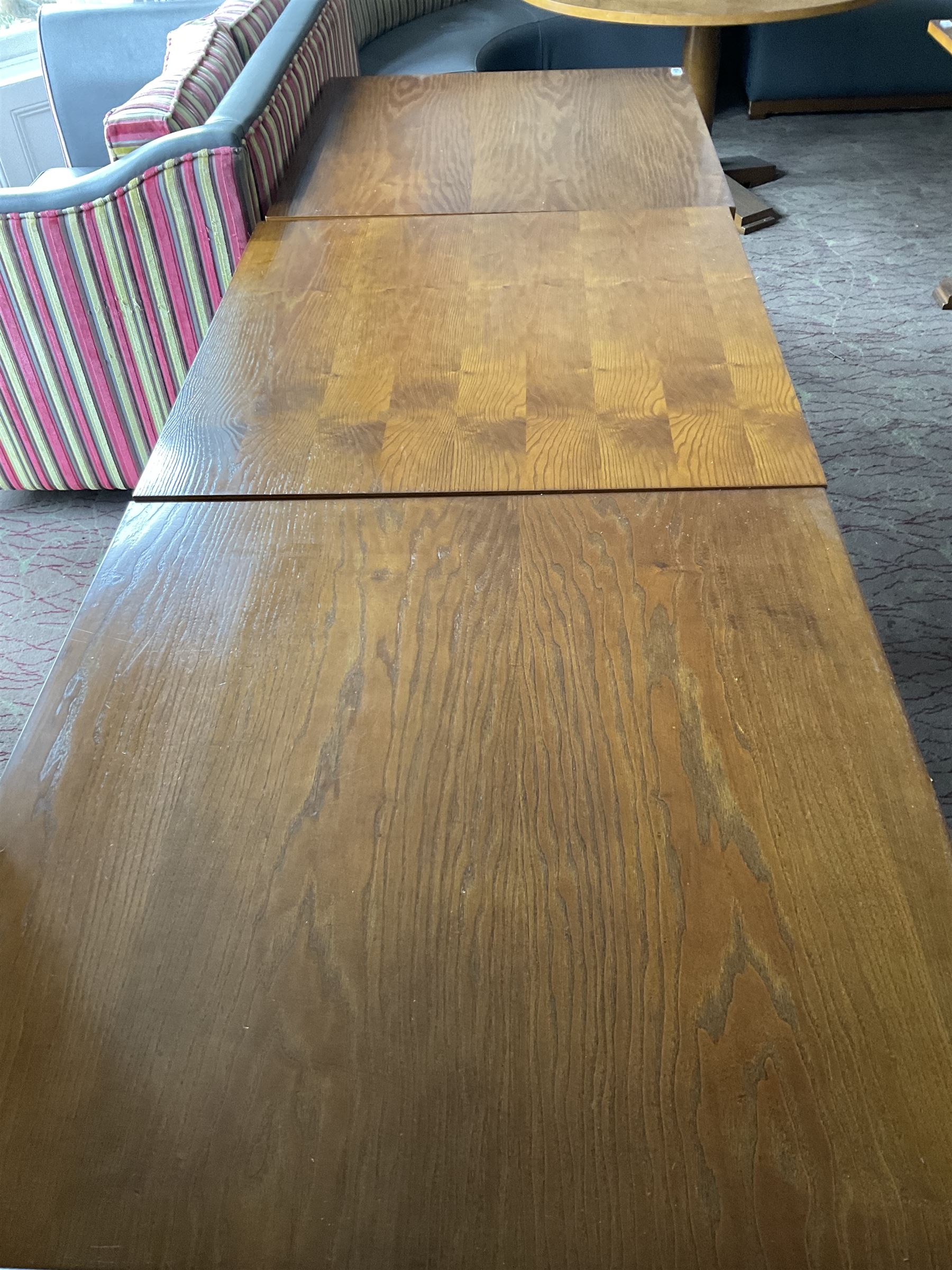 Four square walnut finish dining tables - LOT SUBJECT TO VAT ON THE HAMMER PRICE - To be collected by appointment from The Ambassador Hotel, 36-38 Esplanade, Scarborough YO11 2AY. ALL GOODS MUST BE REMOVED BY WEDNESDAY 15TH JUNE.