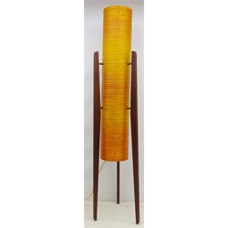  1970s teak framed floor standing 'Rocket' lamp, cylindrical fibreglass shade on tapering supports, H113cm  