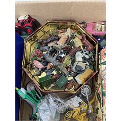 Two Dinky die cast models, Thunderbird 2 and Lady Penelope, Corgi Oldsmobile Super 88 and quantity of other toys to include painted metal figures etc
