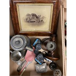 Various collectables, to include pair of barley twist candlesticks, hand held dressing table mirror with pink guilloche enamel back, copper hot water bottle, pair small brass water stoops, small novelty brass scuttle, various flatware, etc., in two boxes