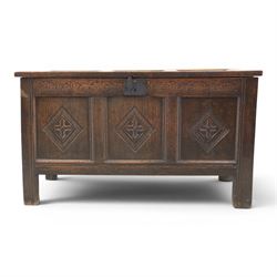 18th century style oak coffer, panelled rectangular top hinged to reveal storage with cand...