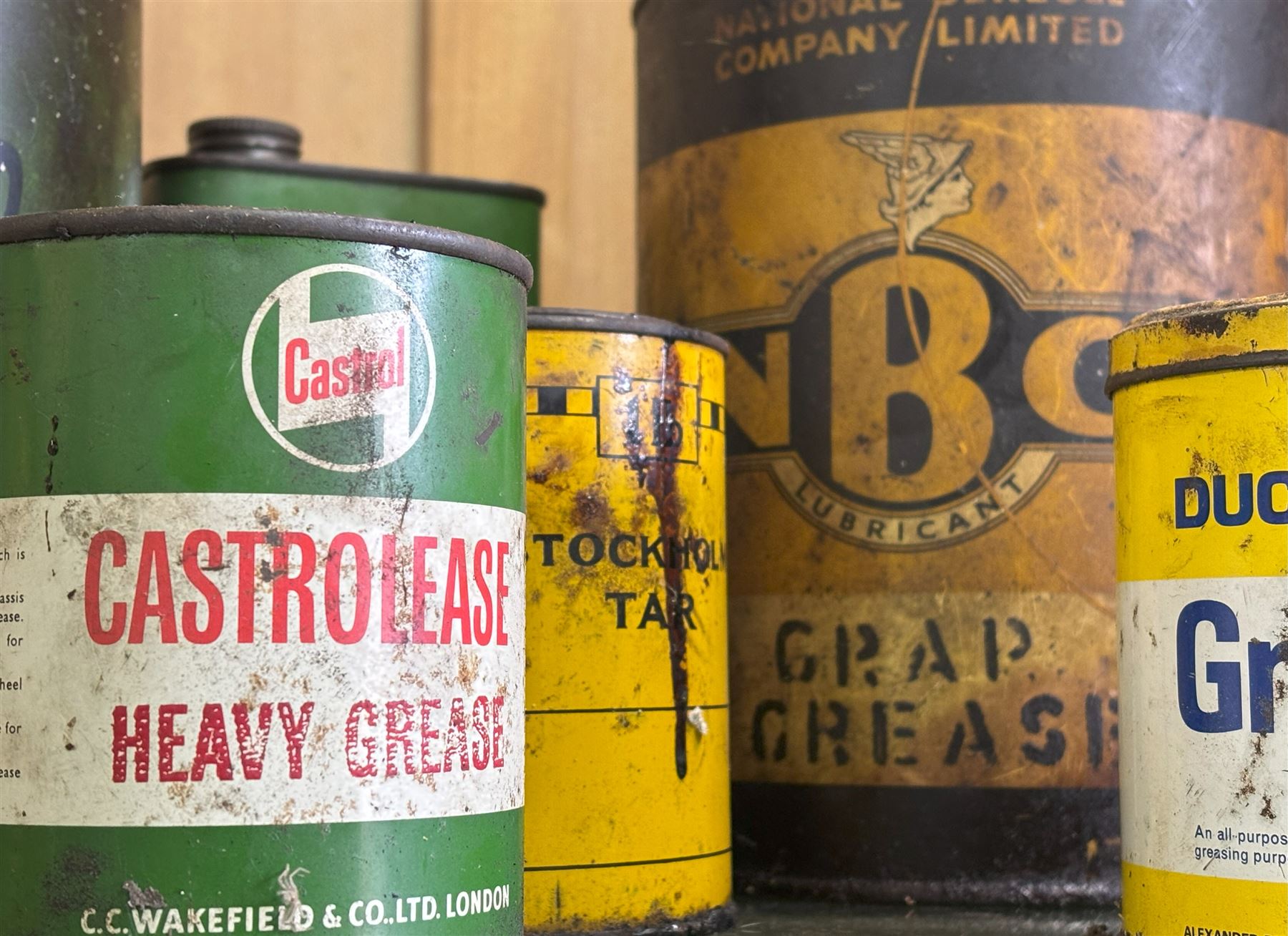 Petrolania - vintage Castrol 7lb grease tin, two other Castrol tins, a N.B.C (National Benzole company) crap grease tin, and two other tins (6) - COLLECTION BY APPOINTMENT FROM: The White House, Thirsk Road, Easingwold, York, YO61 3NF - CALL 01723 507111 TO ARRANGE