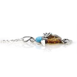 Silver Baltic amber and turquoise kingfisher pendant necklace, stamped 925 