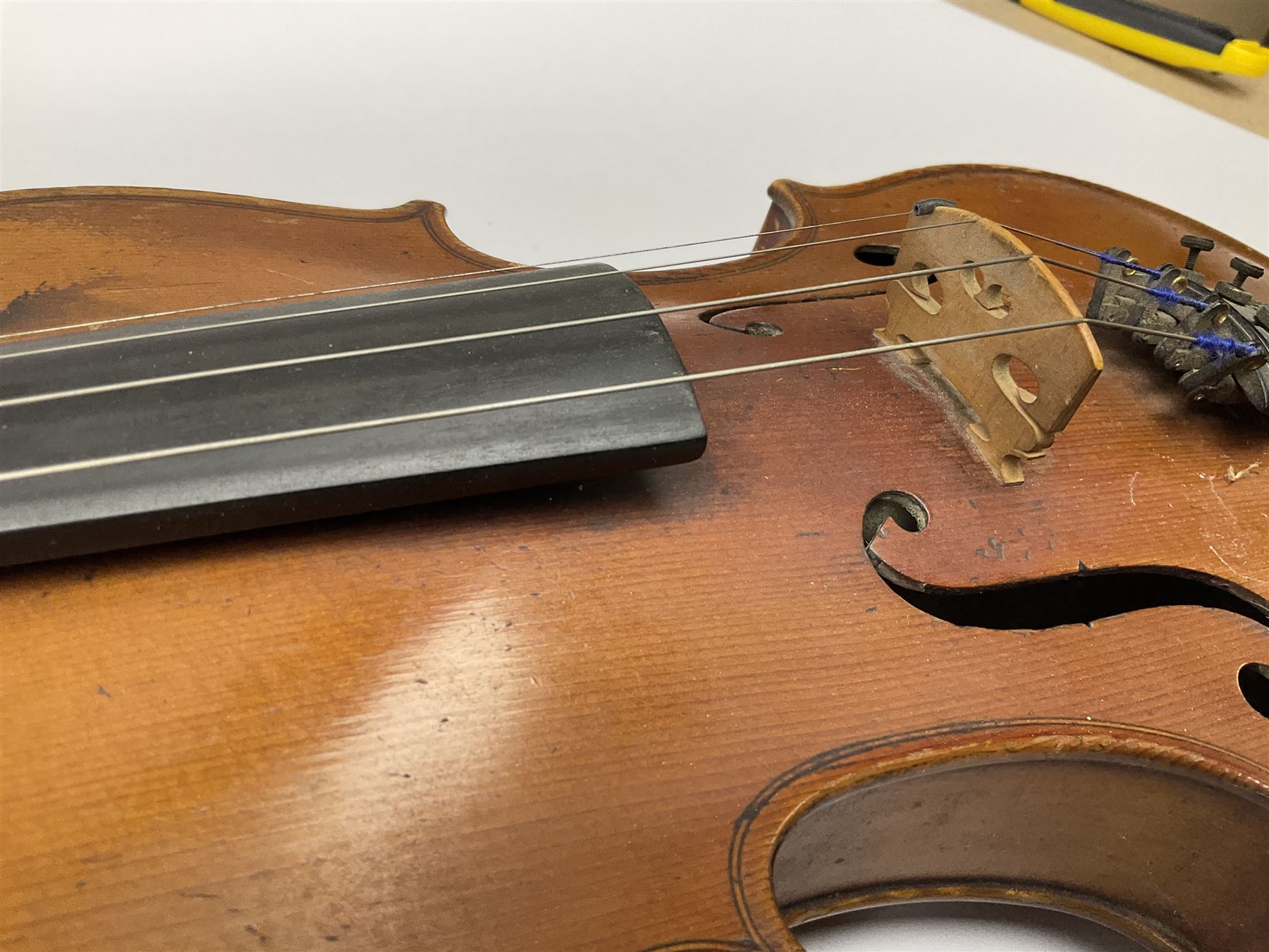 French Mirecourt violin c1920s with 36cm one-piece maple back and ribs and spruce top, labelled Jermone Thibouville-Lamy, L59cm, in fitted carrying case with German bow and 1984 valuation certificate by Frome Valley Music