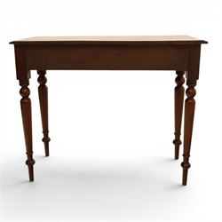 Mahogany living room furniture; mahogany console table and square upholstered mahogany stool, with hidden frieze drawer, raised on turned supports (Stool H 57cm, W 40cm)