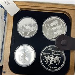 Six Queen Elizabeth II The Royal Canadian Mint silver proof four coin sets, to commemorate the 1976 Montreal Olympic Games, each set containing two five dollar coins and two ten dollar coin with Queen's head obverse and designs to the reverse relating to the Olympic Games, all in the original display cases and outer card boxes with certificates