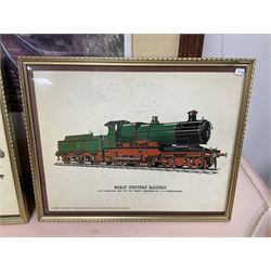 After Peter Owen Jones (British 20th century), 'Scots Guardsman'; limited edition colour print signed in pencil, together with three colour prints of early 20th century steam trains (4)