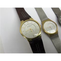 Five Skagen wristwatches, to include 233XLTTM, 809XLTRB, 233LGS, 233XLLTN and 433LGL1, four on Skagen stainless steel mesh straps, one on a Skagen leather strap, 