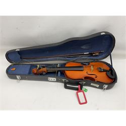 Four student violins - two Chinese three-quarter size with 33.5cm and 34cm two-piece backs; Stringers of Edinburgh quarter size with 28cm two-piece back; and Stentor quarter size with 28cm two-piece back; each in carrying case (4)