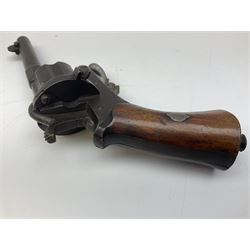 19th century Belgian Flobert 7mm pin-fire revolver with six-shot cylinder, 7cm octagonal to round barrel, folding trigger and walnut stock incorporating ejector rod in butt L18cm overall