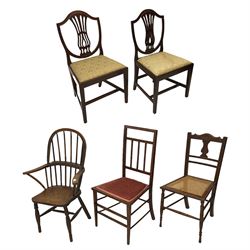 Pair 19th century mahogany Hepplewhite style side chairs, early Windsor chair and two bedroom chairs 