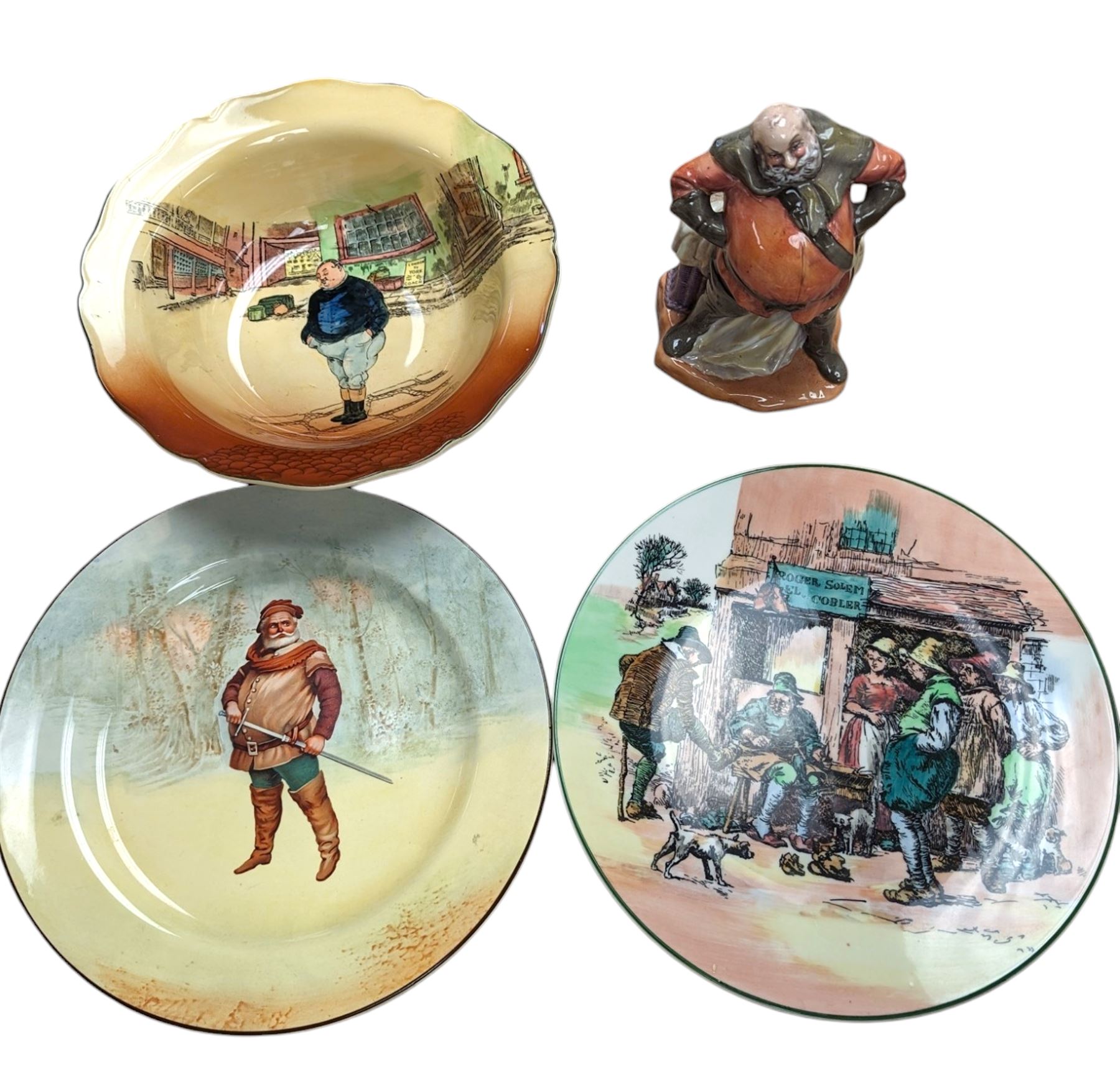 Royal Doulton ceramics, to include Falstaff figure and plate, Dickens Ware The Fat Boy bowl and one other plate