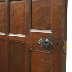 Mouseman - 1940s glazed, panelled and adzed vestibule door with castellated frame, with carved mouse signature, by Robert Thompson of Kilburn