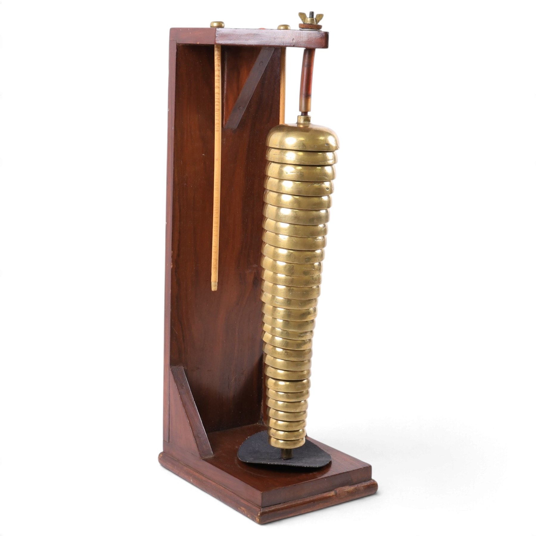 Carroll Sound Inc., New York brass bell tree, comprising twenty-seven graduating stacked bells on a wooden frame, with two beaters, in fitted travelling case, H54cm