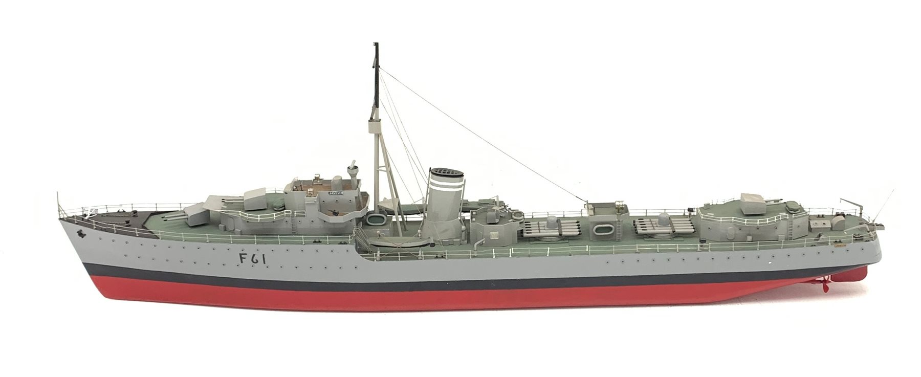 Large scale model of the Destroyer Javelin F61 painted in battle colours, with plans, L178cm, W22cm, H61cm. 