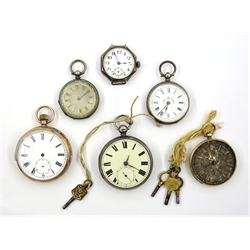  Collection of pocket watches, including gold stamped K18, hallmarked 9ct, continental and silver, and wristwatch (6)  